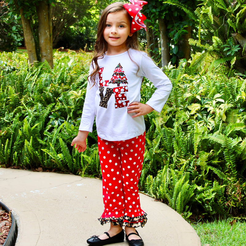 AL Limited Girls LOVE Christmas Top & Red Polka Dot Ruffle Pants Set-7