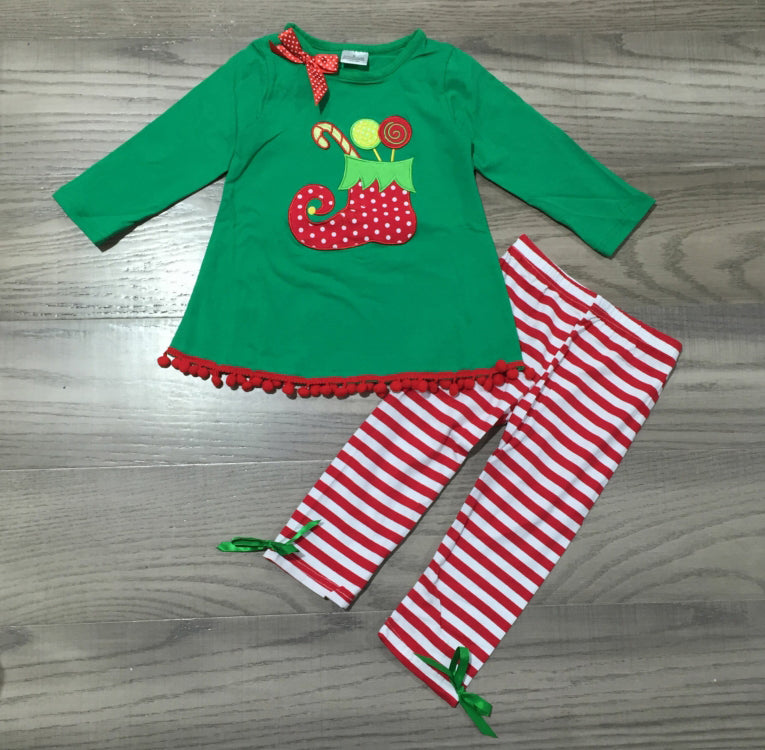 AL Limited Girls Christmas Holiday Elf Stocking Top & Stripe Pants Outfit Set-10