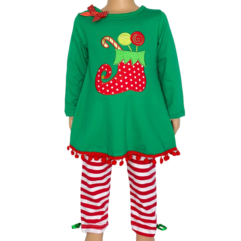 AL Limited Girls Christmas Holiday Elf Stocking Top & Stripe Pants Outfit Set-0