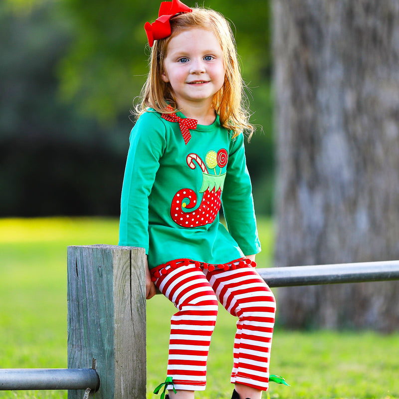 AL Limited Girls Christmas Holiday Elf Stocking Top & Stripe Pants Outfit Set-1