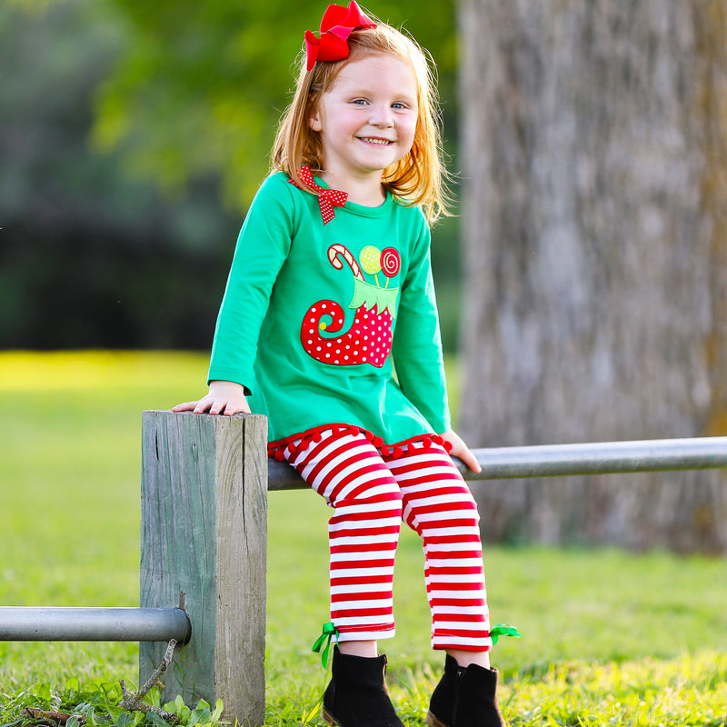 AL Limited Girls Christmas Holiday Elf Stocking Top & Stripe Pants Outfit Set-11