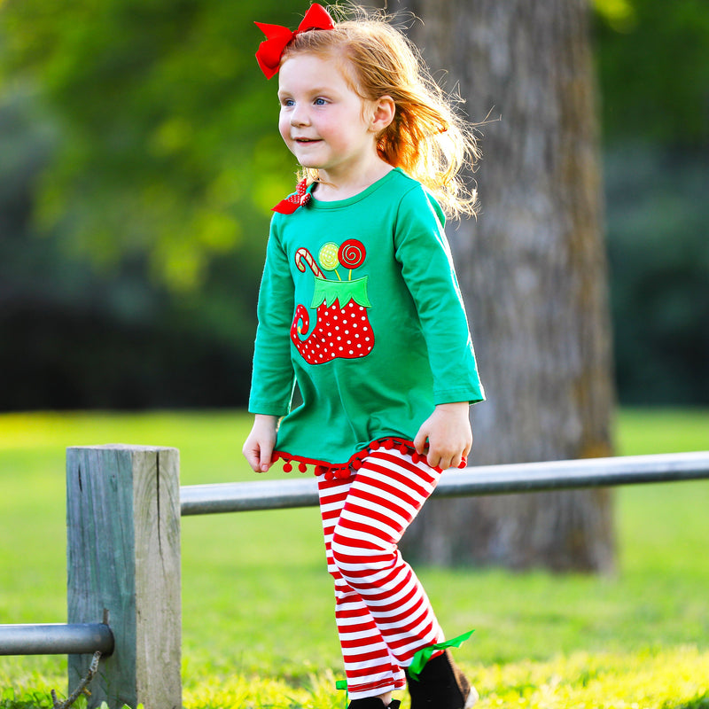 AL Limited Girls Christmas Holiday Elf Stocking Top & Stripe Pants Outfit Set-2