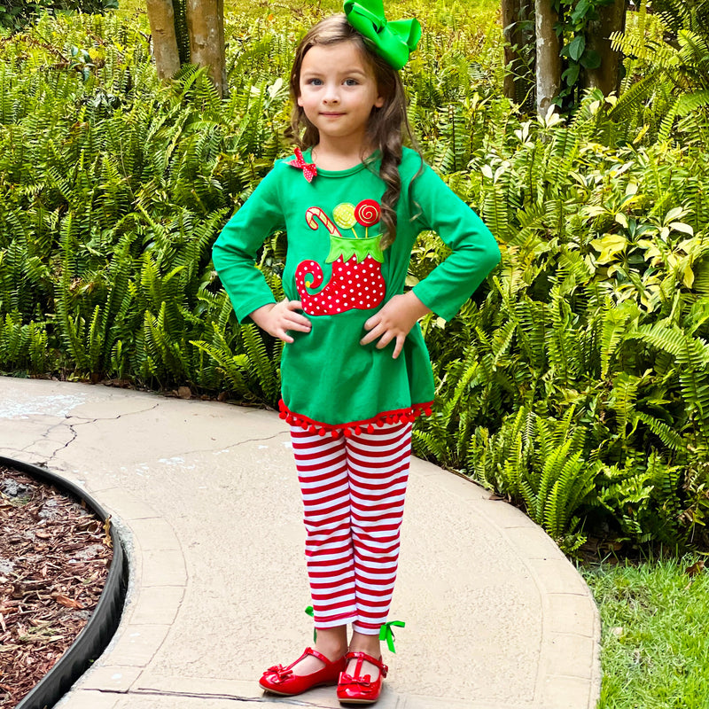 AL Limited Girls Christmas Holiday Elf Stocking Top & Stripe Pants Outfit Set-7