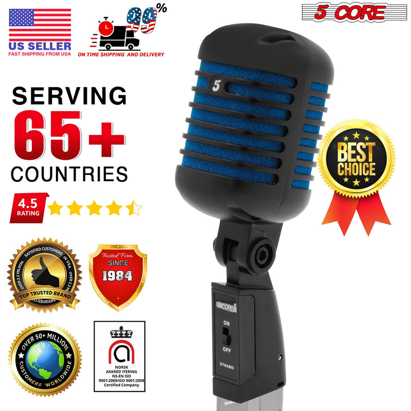 5 Core Classic Retro Dynamic Vocal Microphone Matte Black Blue Old Vintage Style Unidirectional Professional Cardioid Mic for Instrument Live Performance Prop & Studio Recording -RTRO MIC CH BLK-BLU-10