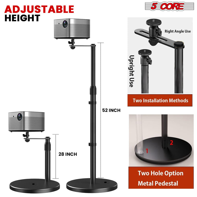 5 Core Projector Stand Height adjustable 28"-52"  Tall Floor Stands w 3 Mounting Options 360° Rotatable Ball Head Heavy Duty Multipurpose Soporte Para Proyector for Home Office Outdoor 1PC Black – PS FLR RB BLK-3