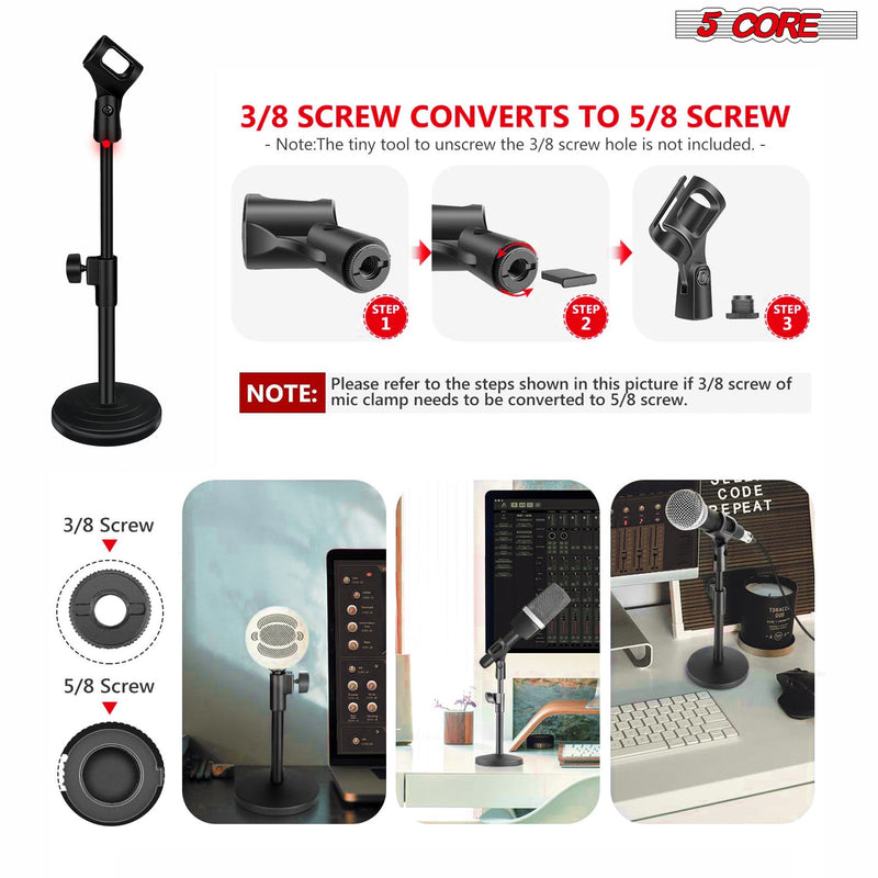 5 Core Desktop Mic Stand Height Adjustable Round Base Short Microphone Stand w Universal Mic Clip Premium Table Top Low Profile Small Mic Holder for Recording Streaming Podcast -MS RBS BOOM-3