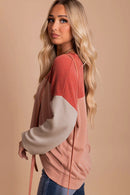 Rachel Block Long Sleeve Ribbed Loose Top-4