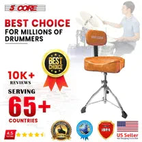 5 Core Drum Throne with Back Support Brown| Premium Height Adjustable Padded Drum Stool| Portable Drummer Throne with Anti-Slip Feet & Back rest| with two Drumsticks- DS CH BR REST-18