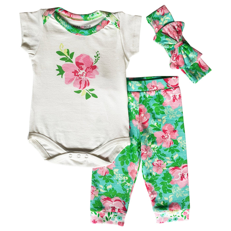 AnnLoren Baby Girls Layette Floral Onesie Pants Headband 3pc Gift Set Clothing-0