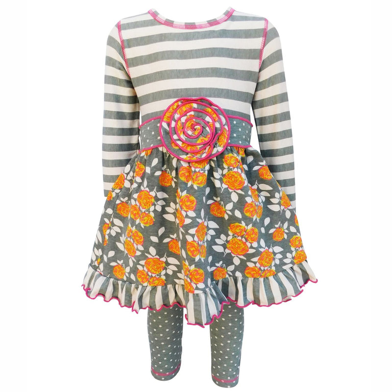 AnnLoren Boutique Grey Floral & Striped Dress & Polka Dot Leggings Clothing Set-0