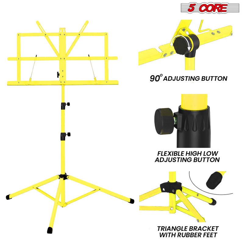 5 Core Music Stand, 2 in 1 Dual-Use Adjustable Folding Sheet Stand Yellow / Metal Build Portable Sheet Holder / Carrying Bag, Music Clip and Stand Light Included - MUS FLD YLW-1