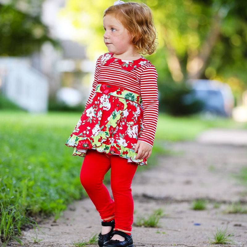 AnnLoren Little & Big Girls Boutique Red Christmas Floral Holiday Dress Legging Set-6