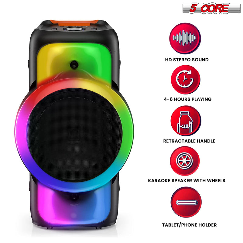 5 Core Bluetooth Speaker Karaoke Machine Portable Singing PA System w Cool DJ Light Support FM + TWS + USB + Memory Card+ AUX + REC Party Speakers Includes Two Wireless Mics -PLB 12X1 2MIC-3
