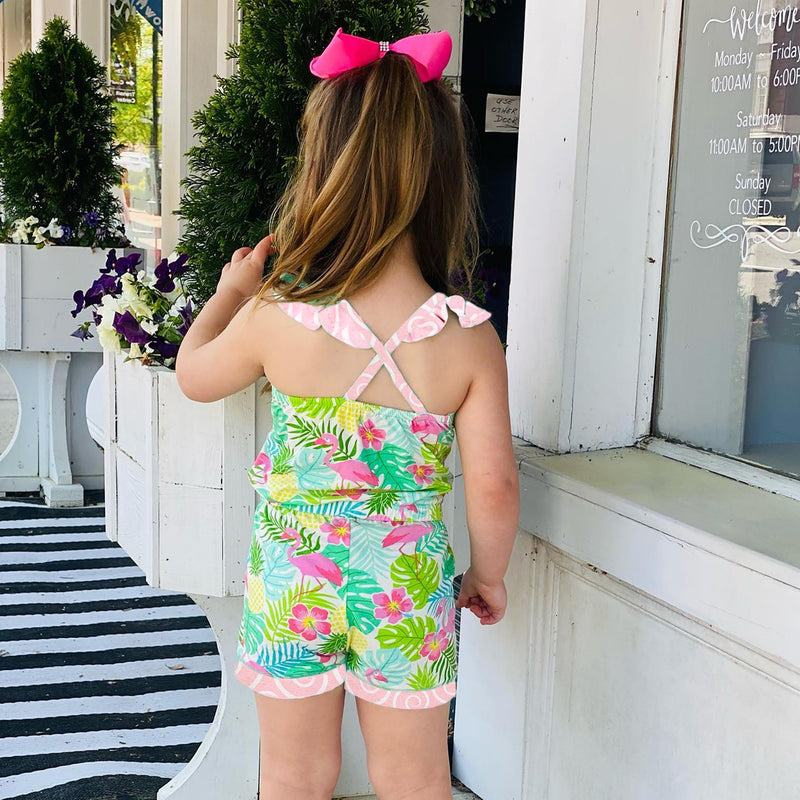AnnLoren Little & Big Girls Pink Flamingo Palm Tree Kids Shorts Jumpsuit-3