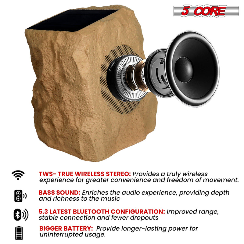 5 Core Rock Garden Wireless Speakers Outdoor Waterproof 10W Bluetooth 5.3 Speaker w/ TWS Pair Function Solar Powered LED Lights -GRDNSPK SP BRWN 1PC-1