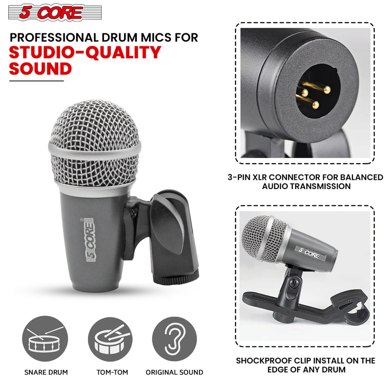 5 Core Snare / Drum Microphone Uni Directional Pickup Pattern Wired Instrumental Dynamic Microfono w Swivel Mount Steel Mesh Grille Grey Mic - SNARE MIC GREY-5
