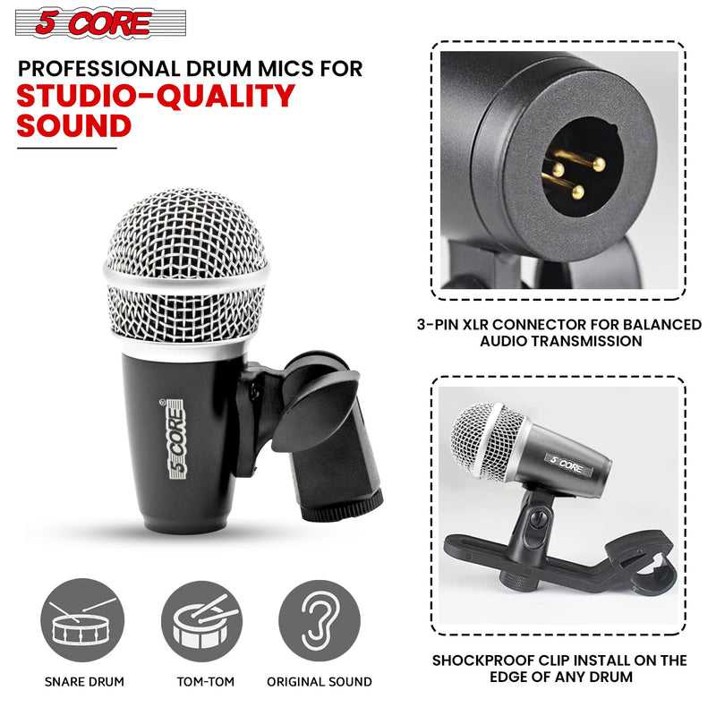 5 Core Snare / Drum Microphone Uni Directional Pickup Pattern Wired Instrumental Dynamic Microfono w Swivel Mount Steel Mesh Grille Black Mic - SNARE MIC BLK-5
