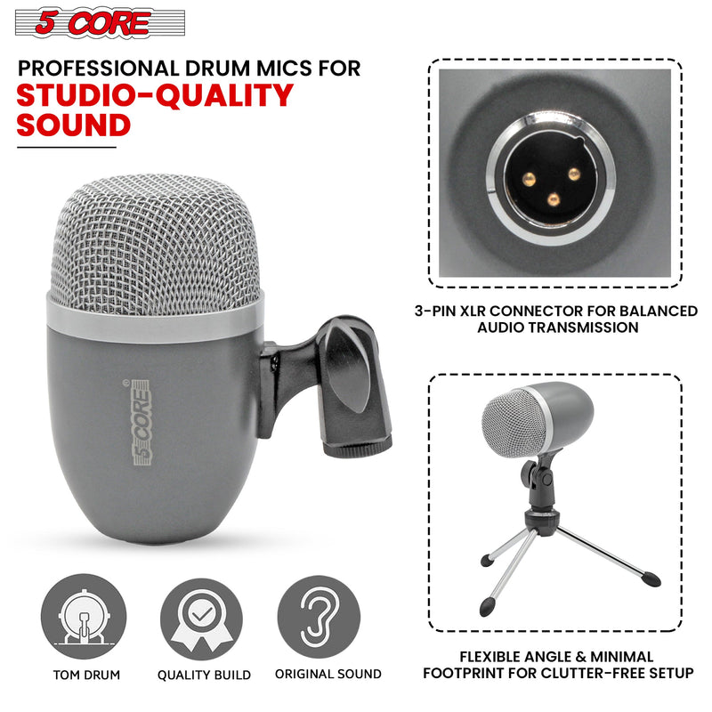 5 Core Drum Mic High Sensitivity Snare Tom Instrument Microphone with Dynamic Moving Coil Uni-Directional Pick Up Pattern Swivel Mount Durable Steel Mesh Grille -TOM MIC GREY-5
