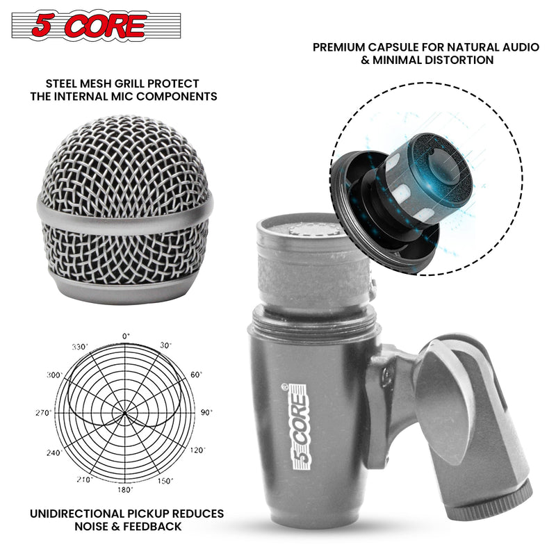 5 Core Snare / Drum Microphone Uni Directional Pickup Pattern Wired Instrumental Dynamic Microfono w Swivel Mount Steel Mesh Grille Grey Mic - SNARE MIC GREY-2