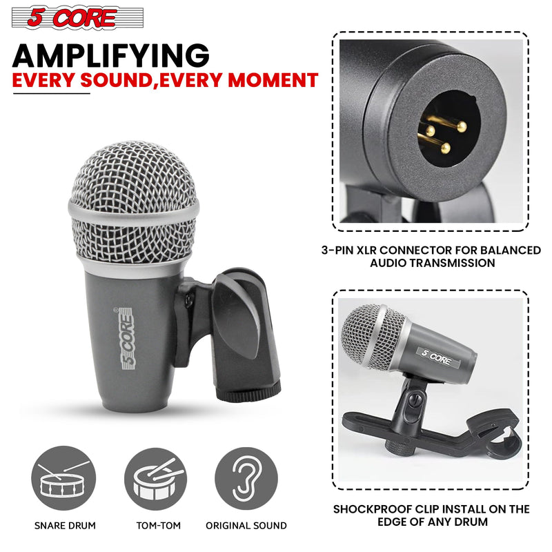 5 Core Conga Tom Snare Microphone Set Professional Cardioid Dynamic Instrument Mic Unidirectional Pickup for Close Miking - CONGA 3 GREY-3