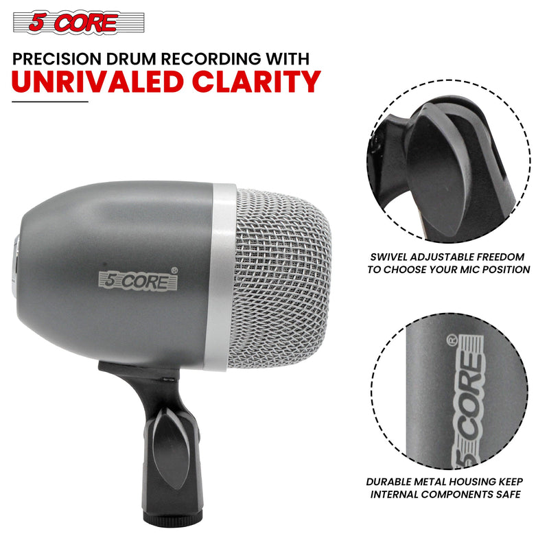5 Core Drum Mic High Sensitivity Snare Tom Instrument Microphone with Dynamic Moving Coil Uni-Directional Pick Up Pattern Swivel Mount Durable Steel Mesh Grille -TOM MIC GREY-3