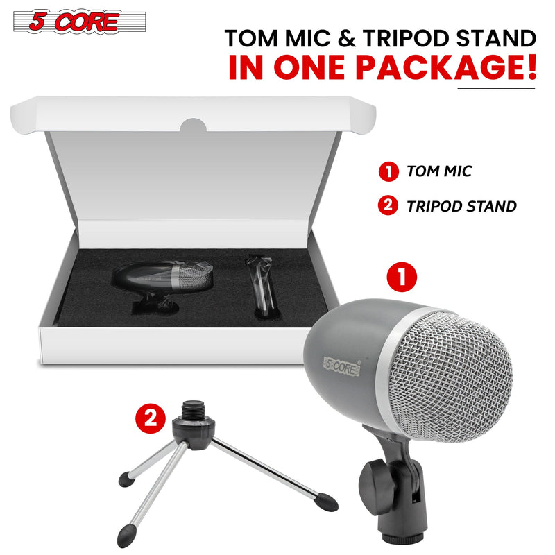 5 Core Drum Mic High Sensitivity Snare Tom Instrument Microphone with Dynamic Moving Coil Uni-Directional Pick Up Pattern Swivel Mount Durable Steel Mesh Grille -TOM MIC GREY-6