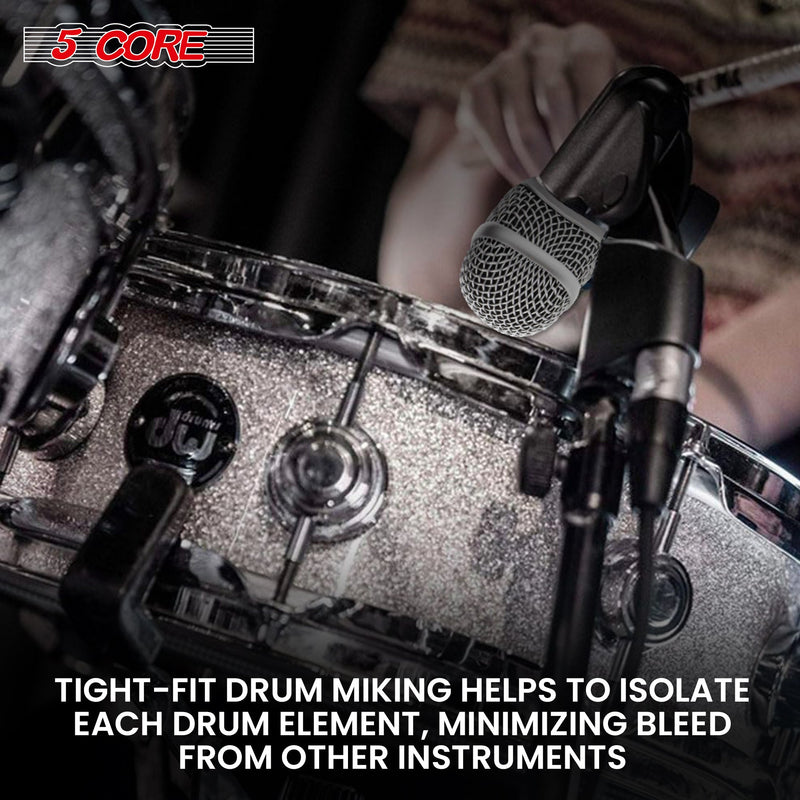 5 Core Snare / Drum Microphone Uni Directional Pickup Pattern Wired Instrumental Dynamic Microfono w Swivel Mount Steel Mesh Grille Black Mic - SNARE MIC BLK-7