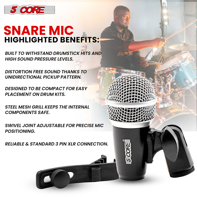 5 Core Snare / Drum Microphone Uni Directional Pickup Pattern Wired Instrumental Dynamic Microfono w Swivel Mount Steel Mesh Grille Black Mic - SNARE MIC BLK-1