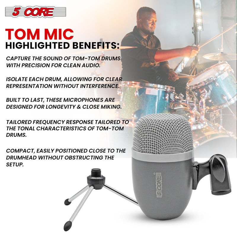 5 Core Drum Mic High Sensitivity Snare Tom Instrument Microphone with Dynamic Moving Coil Uni-Directional Pick Up Pattern Swivel Mount Durable Steel Mesh Grille -TOM MIC GREY-1