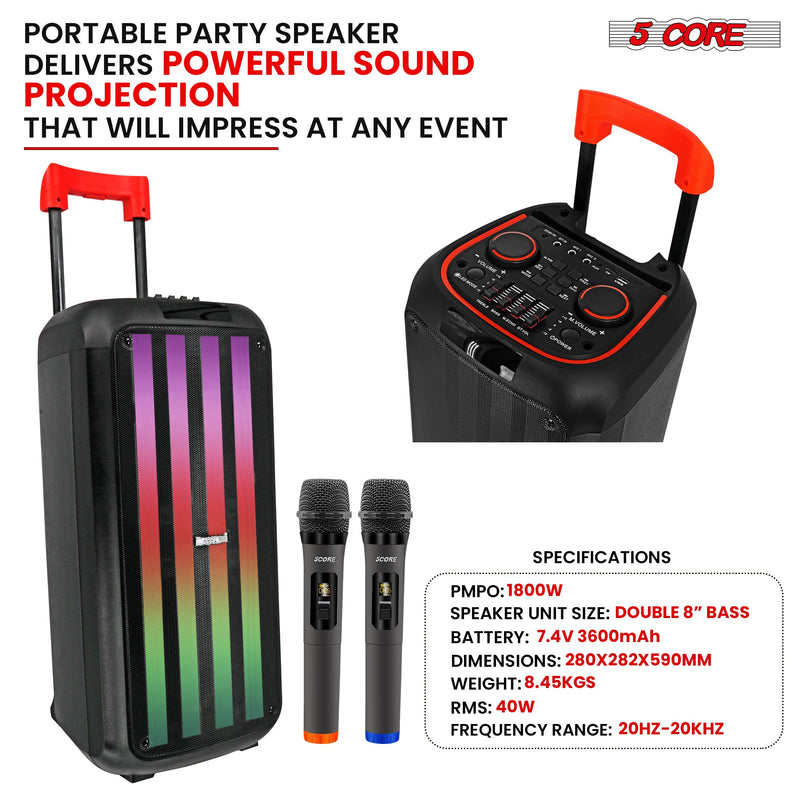 5 Core Bluetooth Speaker Karaoke Machine 8 Inch 2 Way Speaker Portable PA System w Cool DJ Light Support FM + TWS + USB + Memory Card - PLB 8X2 2MIC-1