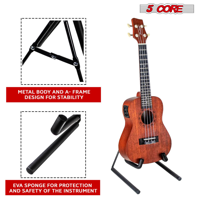 5 Core Ukulele Stand Black A Frame Holder | Lightweight Floor Stand for Uku, Mini Guitar, Banjo, Mandolin, Violin, Black | Anti-Slippery Base | Premium Thick Sponge Padded Arms Metal Body  - GSS UKU-6