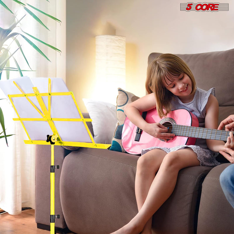 5 Core Music Stand, 2 in 1 Dual-Use Adjustable Folding Sheet Stand Yellow / Metal Build Portable Sheet Holder / Carrying Bag, Music Clip and Stand Light Included - MUS FLD YLW-7