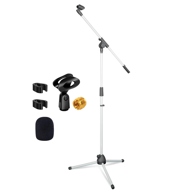 5 Core Mic Stand White 1 Piece Collapsible Height Adjustable Up to 6ft Metal Microphone Tripod Stand w Boom Arm Para Microfono for Singing Karaoke Speech Stage Recording - MS 080 WH-0