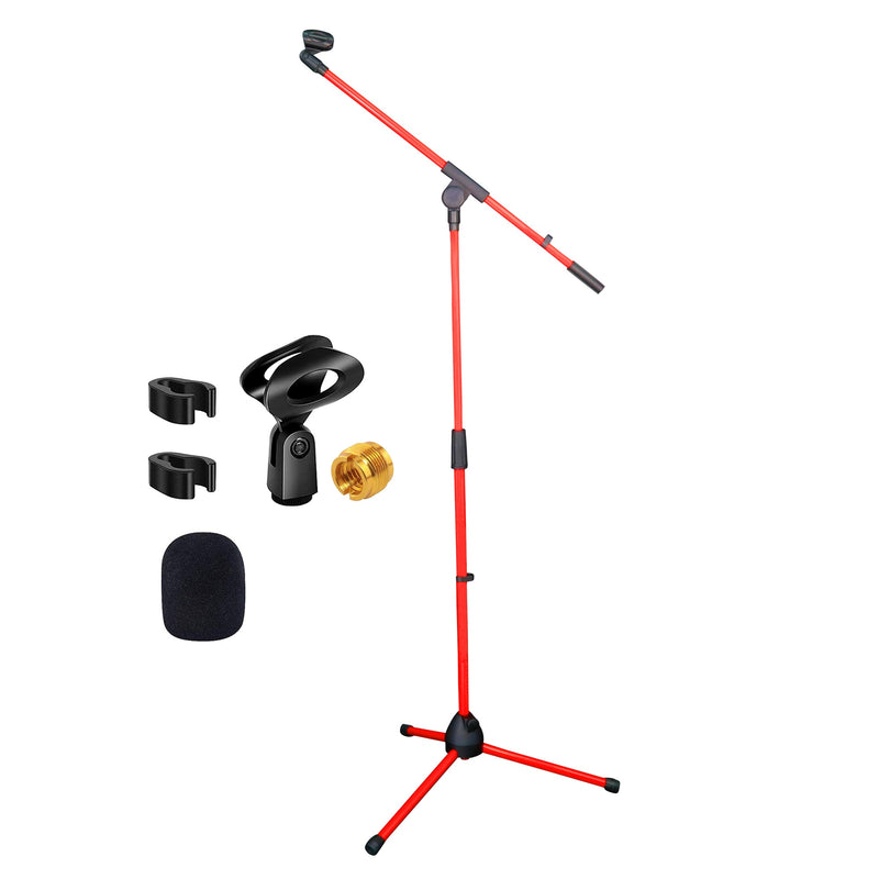 5 Core Mic Stand Red 1 Piece Collapsible Height Adjustable Up to 6ft Metal Microphone Tripod Stand w Boom Arm Para Microfono for Singing Karaoke Speech Stage Recording - MS 080 RED-0