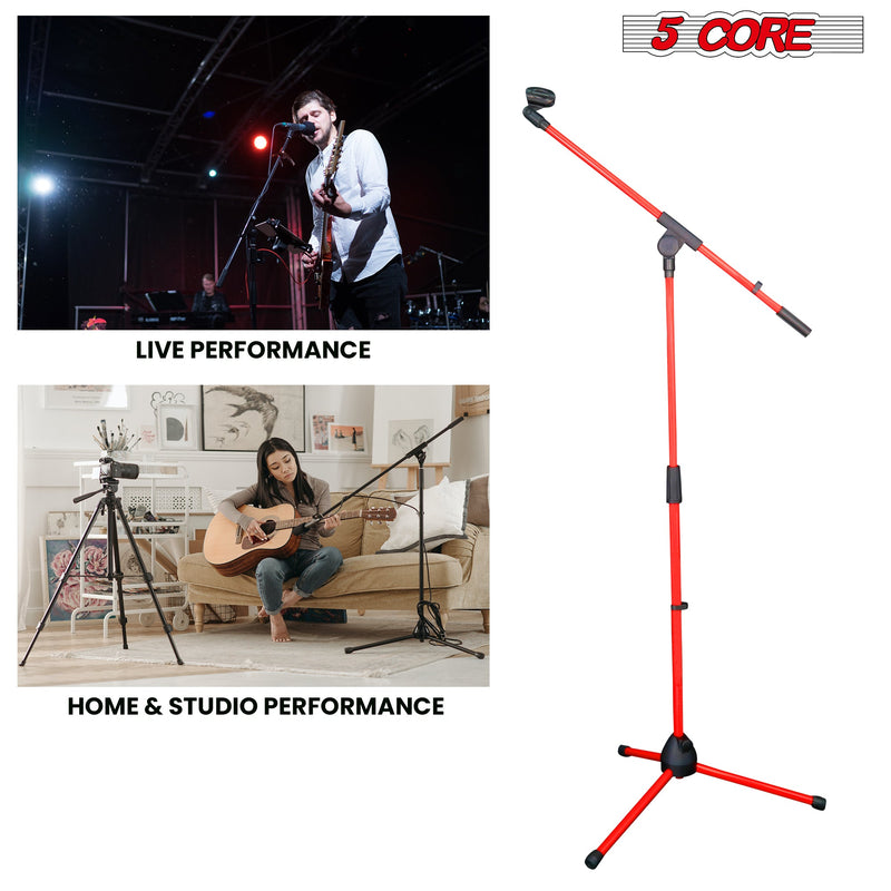 5 Core Mic Stand Red 1 Piece Collapsible Height Adjustable Up to 6ft Metal Microphone Tripod Stand w Boom Arm Para Microfono for Singing Karaoke Speech Stage Recording - MS 080 RED-3