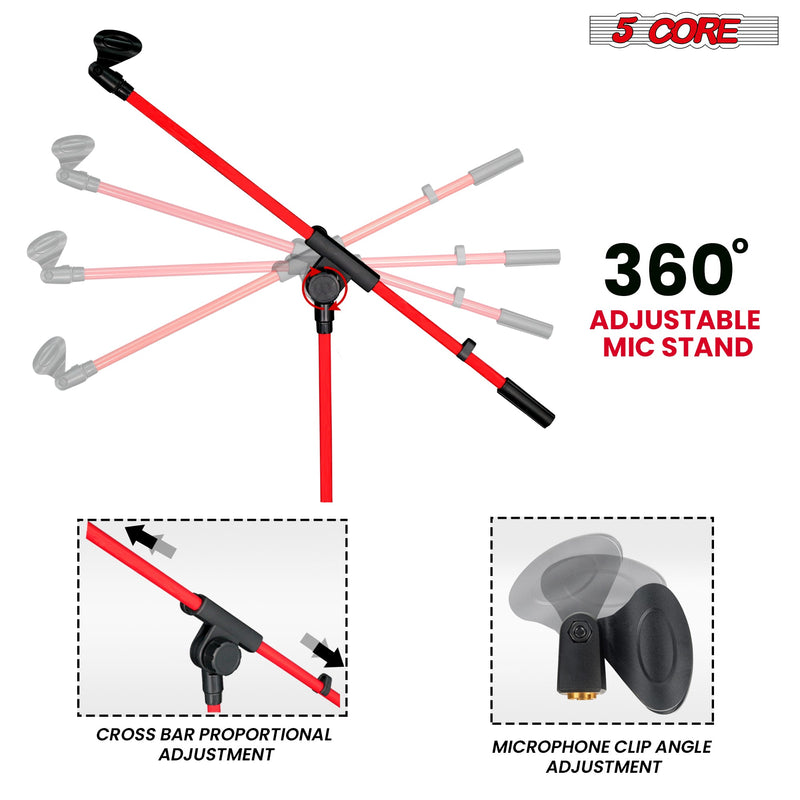 5 Core Mic Stand Red 1 Piece Collapsible Height Adjustable Up to 6ft Metal Microphone Tripod Stand w Boom Arm Para Microfono for Singing Karaoke Speech Stage Recording - MS 080 RED-4