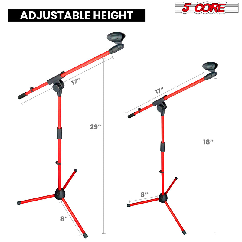5 Core Mic Stand Red 1 Piece Collapsible Height Adjustable Up to 6ft Metal Microphone Tripod Stand w Boom Arm Para Microfono for Singing Karaoke Speech Stage Recording - MS 080 RED-2