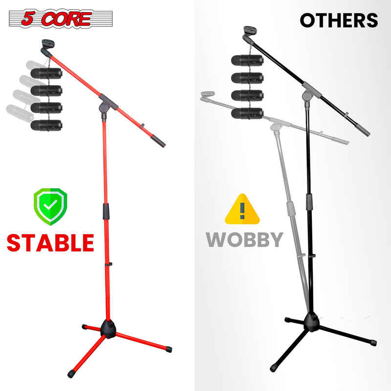 5 Core Mic Stand Red 1 Piece Collapsible Height Adjustable Up to 6ft Metal Microphone Tripod Stand w Boom Arm Para Microfono for Singing Karaoke Speech Stage Recording - MS 080 RED-6