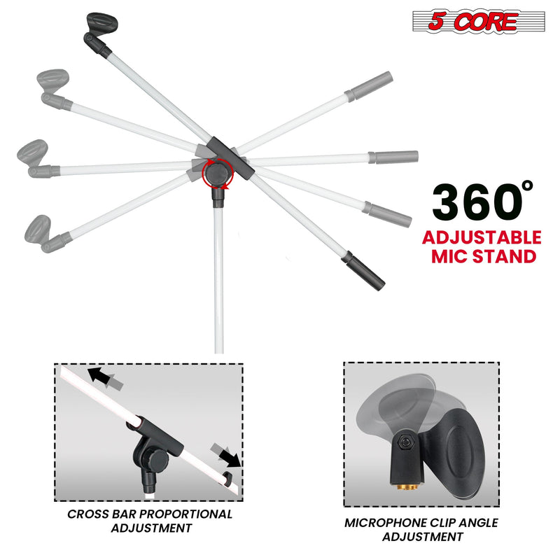 5 Core Mic Stand White 1 Piece Collapsible Height Adjustable Up to 6ft Metal Microphone Tripod Stand w Boom Arm Para Microfono for Singing Karaoke Speech Stage Recording - MS 080 WH-7